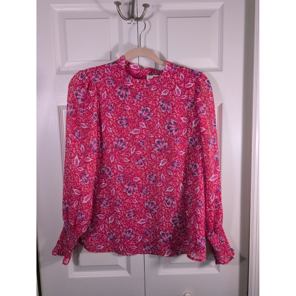 Joie Blouse Floral Ruffled Neckline Smocked Sleeve Cuffs Women Size S